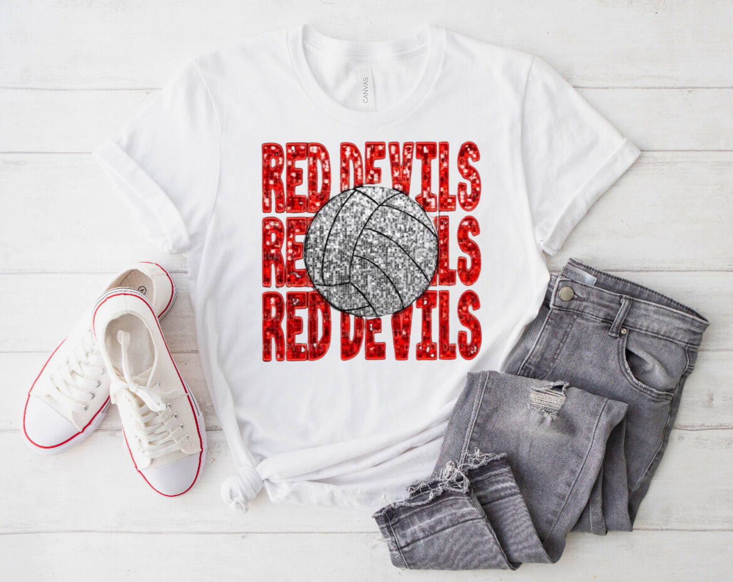 Red Devils Volleyball Faux Glitter Shirt