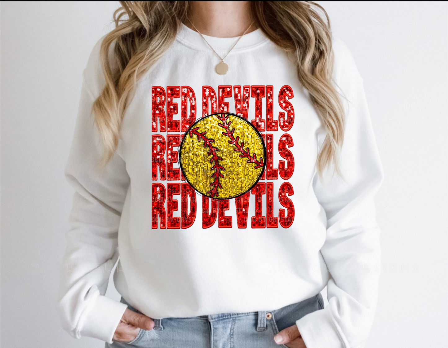 Red Devils Softball Faux Glitter Shirt