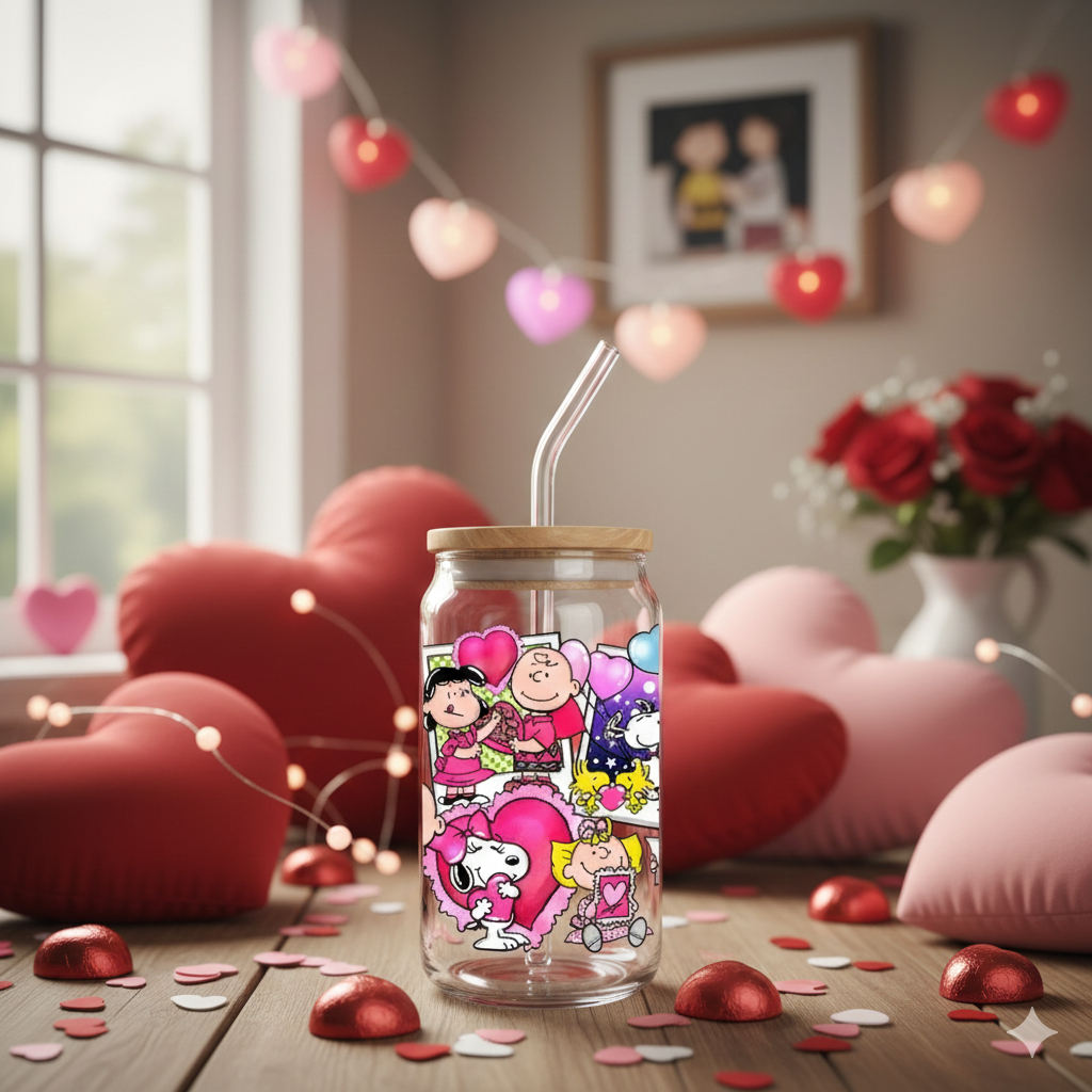 Peanuts Valentine 16oz Glass Cup with Lid & Straw