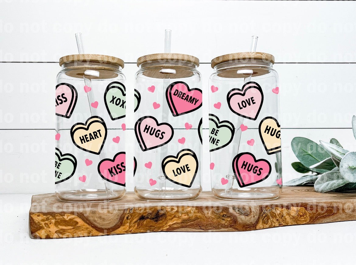Conversation Hearts 16oz Glass Cup with Lid & Straw
