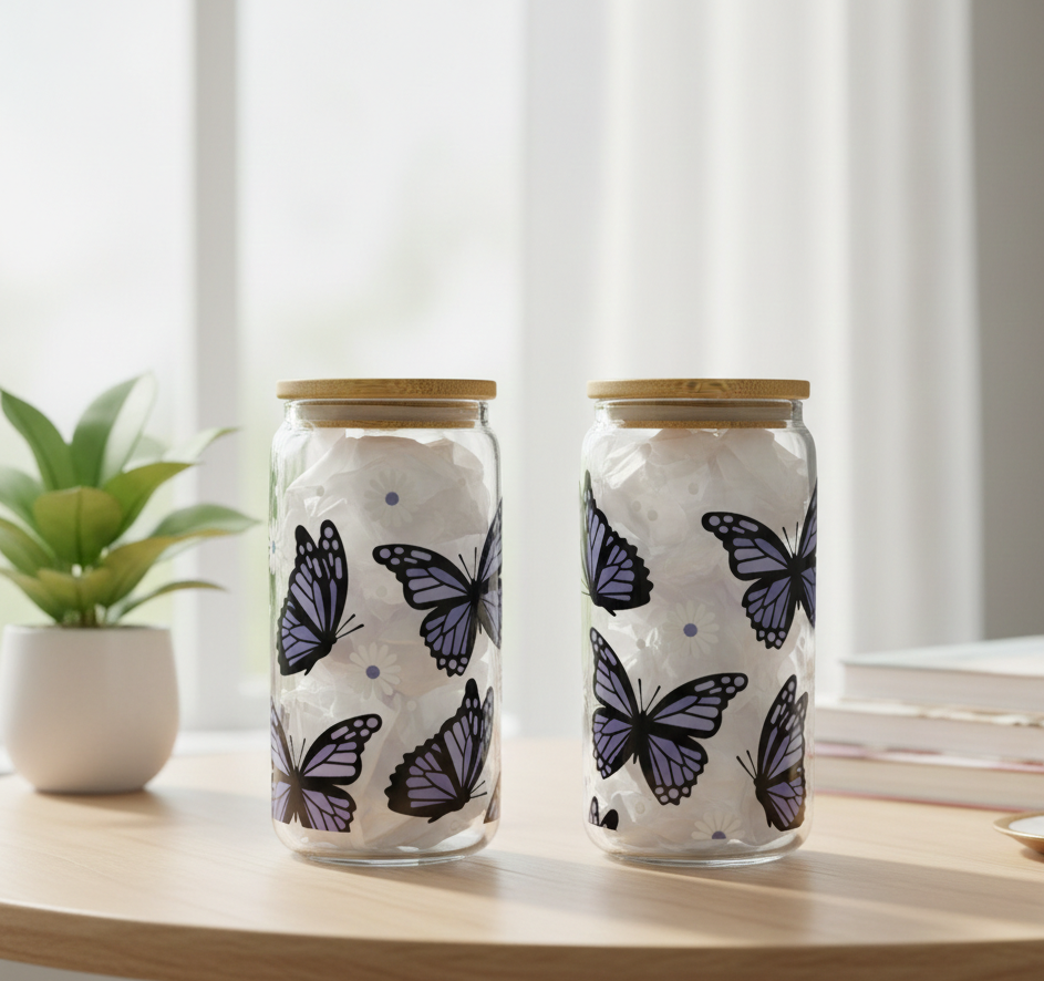 Purple Butterflies and Daisies 16oz Glass Cup with Lid & Straw