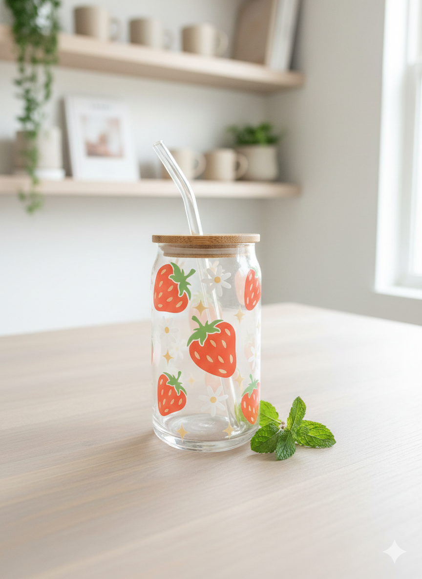 Strawberries and Daisies 16oz Glass Cup with Lid & Straw