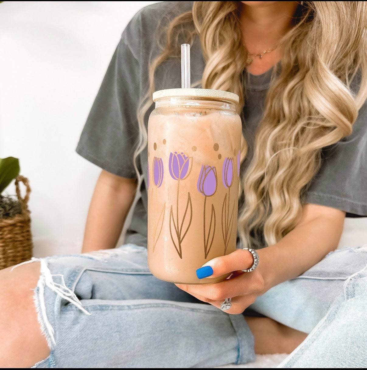 Purple Tulips 16oz Glass Cup with Lid & Straw