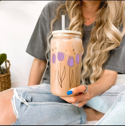 Purple Tulips 16oz Glass Cup with Lid & Straw
