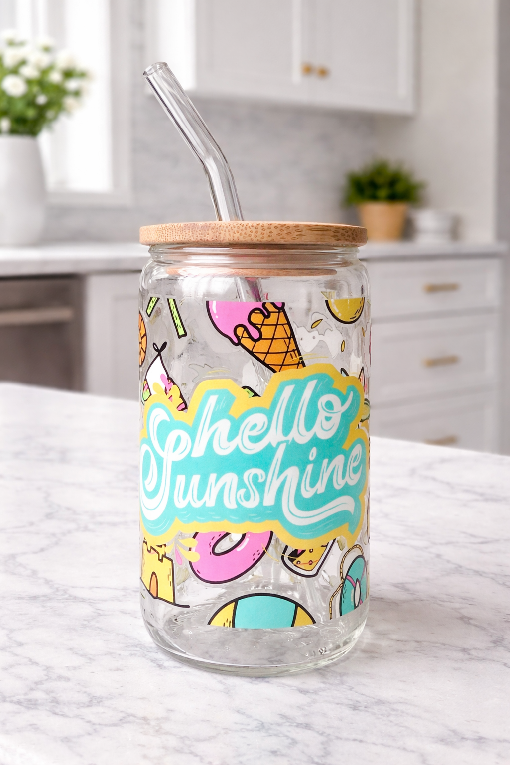 Hello Sunshine 16oz Glass Cup with Lid & Straw