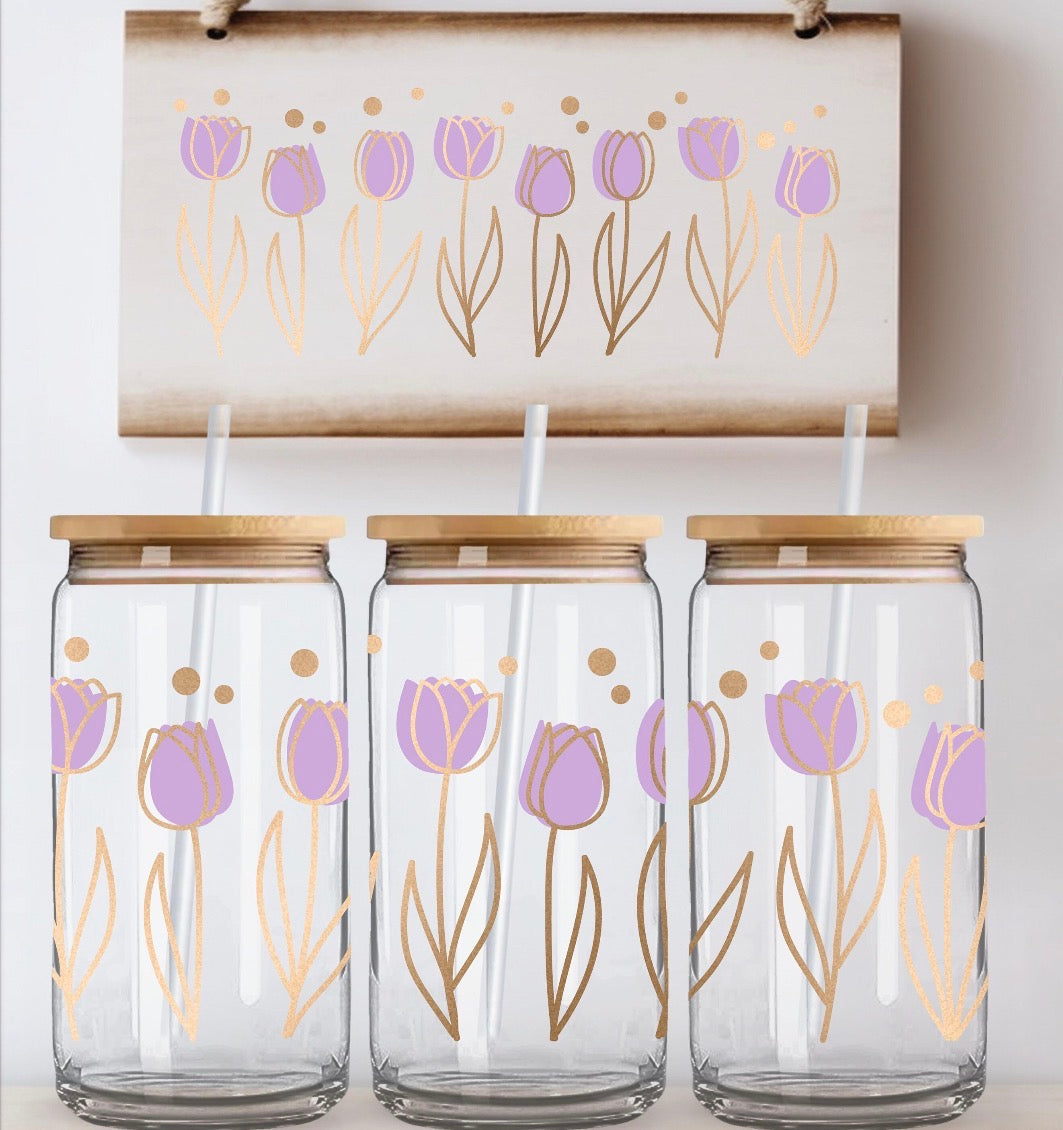 Purple Tulips 16oz Glass Cup with Lid & Straw