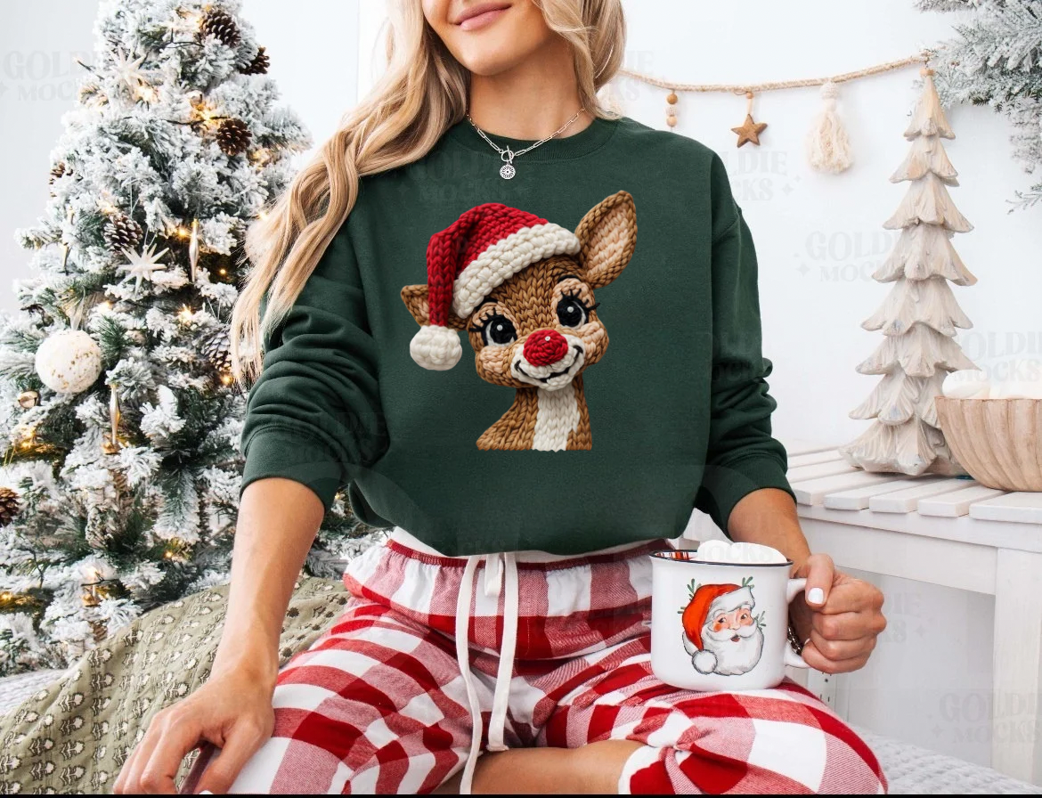 Christmas Reindeer Faux Crochet Sweatshirt