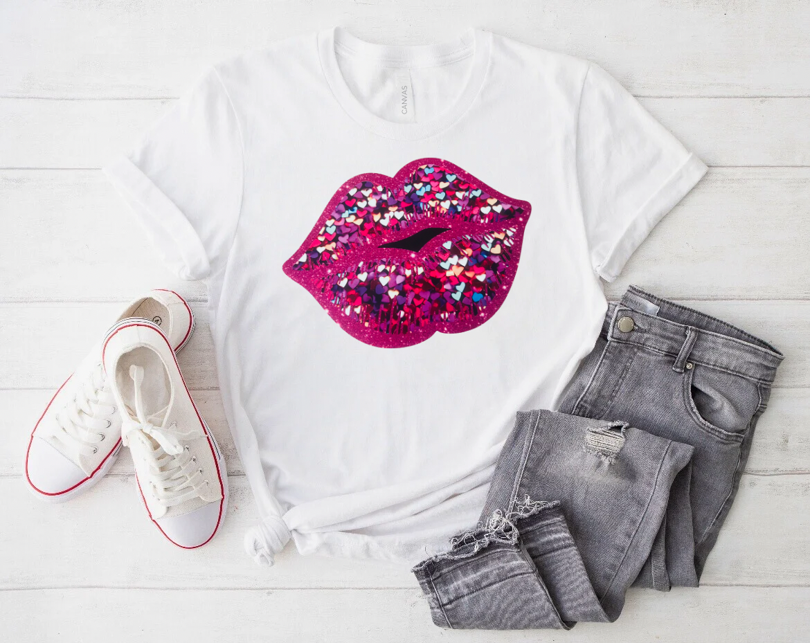 Faux Sequin Lips Valentine’s Day Shirt