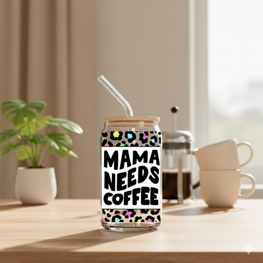 Mama Needs Coffee Leopard Print 16oz Glass Cup with Lid & Straw