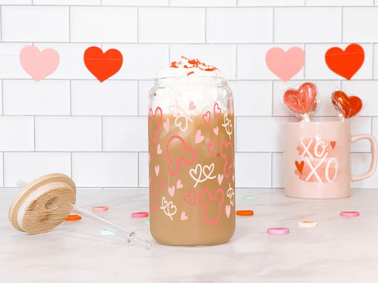 Valentine Mouse Ears 16oz Glass Cup with Lid & Straw