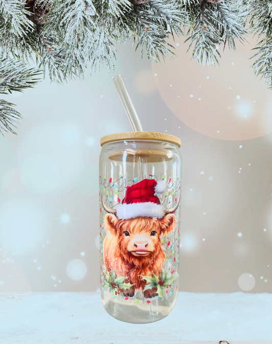 Christmas Highland Cow 16oz Glass Cup with Lid