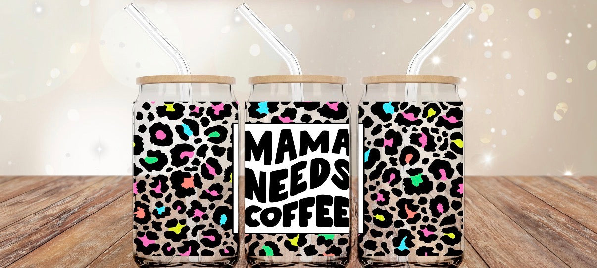 Mama Needs Coffee Leopard Print 16oz Glass Cup with Lid & Straw