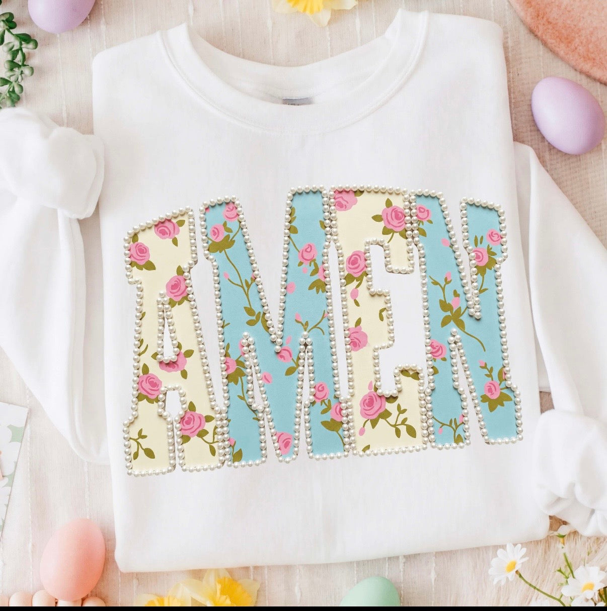 Amen Faux Pearls Floral Easter Shirt