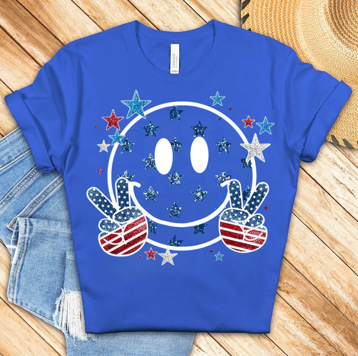 Fourth of July Faux Glitter Smiley Face Shirt