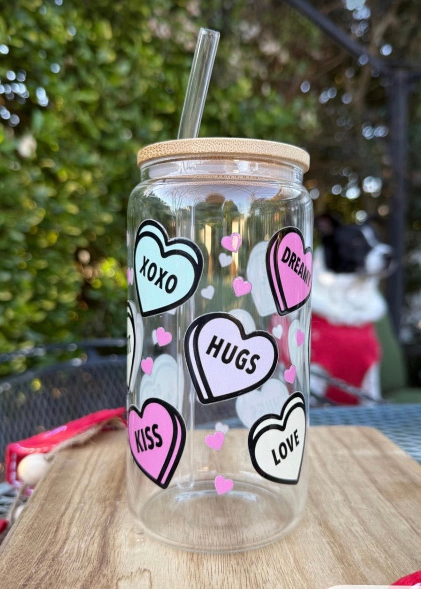 Conversation Hearts 16oz Glass Cup with Lid & Straw