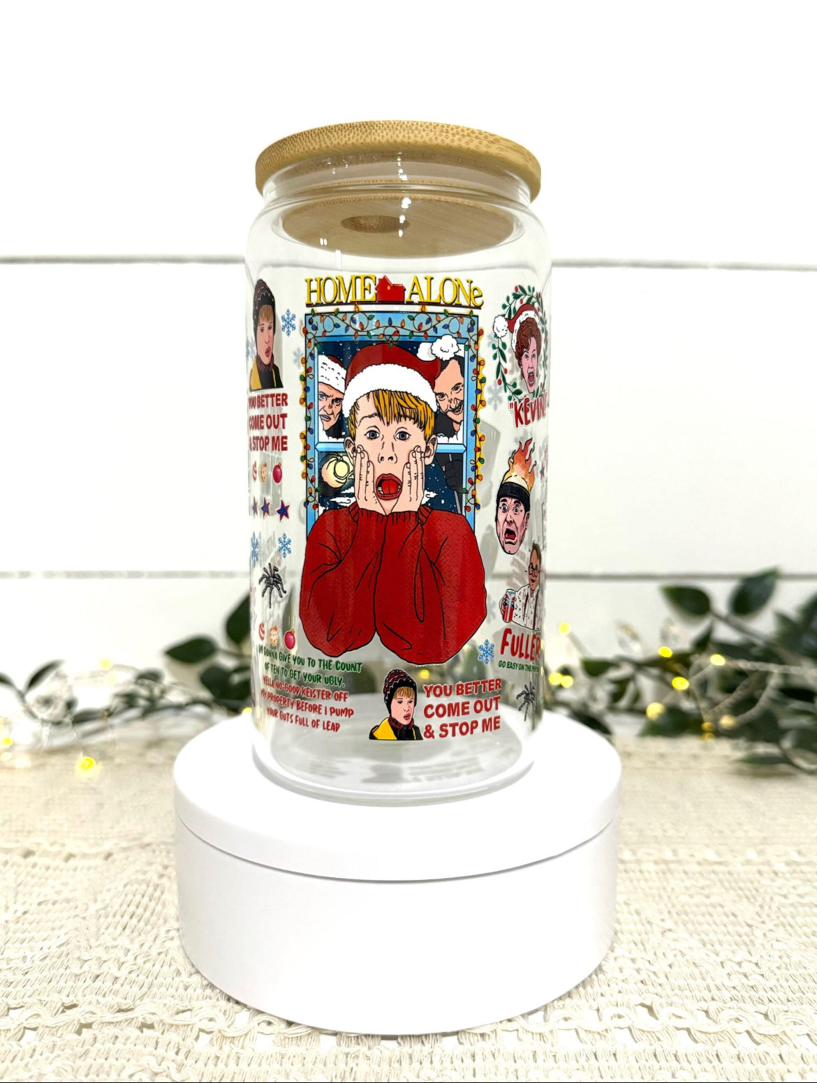 Home Alone 16oz Glass Cup with Lid