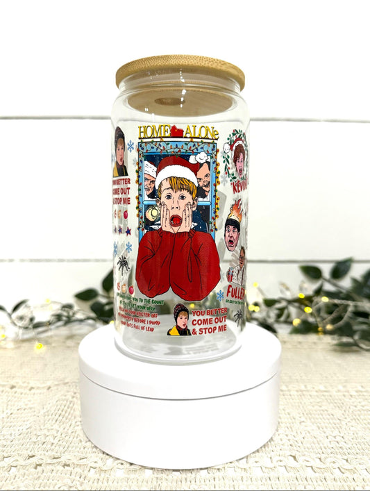 Home Alone 16oz Glass Cup with Bamboo Lid