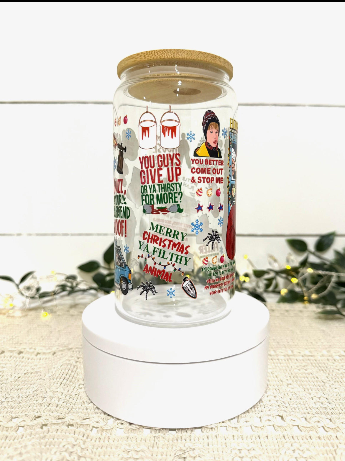 Home Alone 16oz Glass Cup with Lid