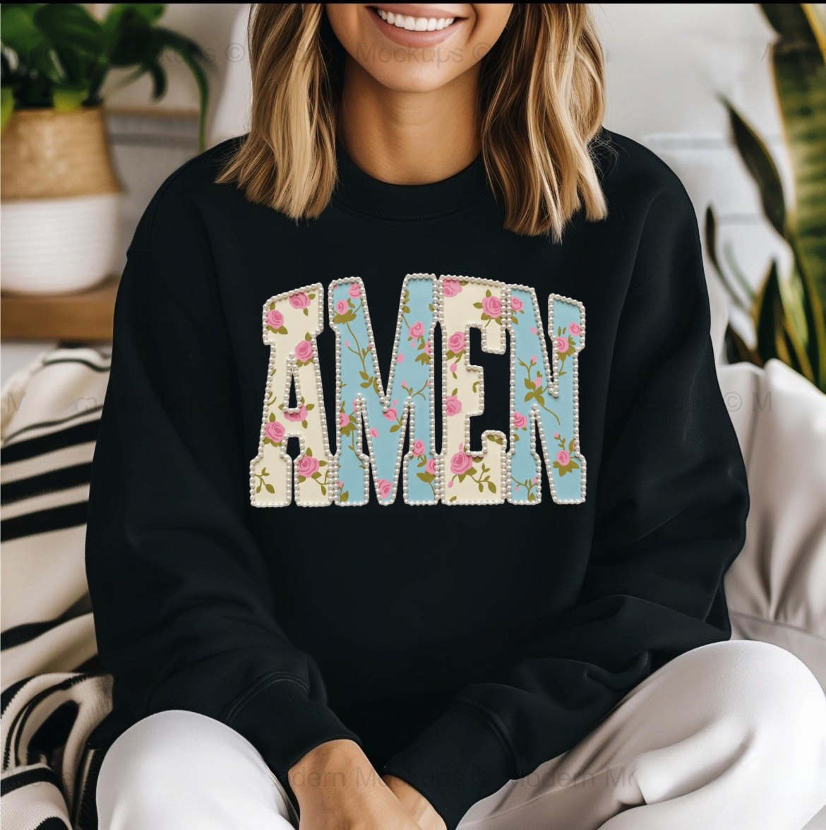 Amen Faux Pearls Floral Easter Shirt