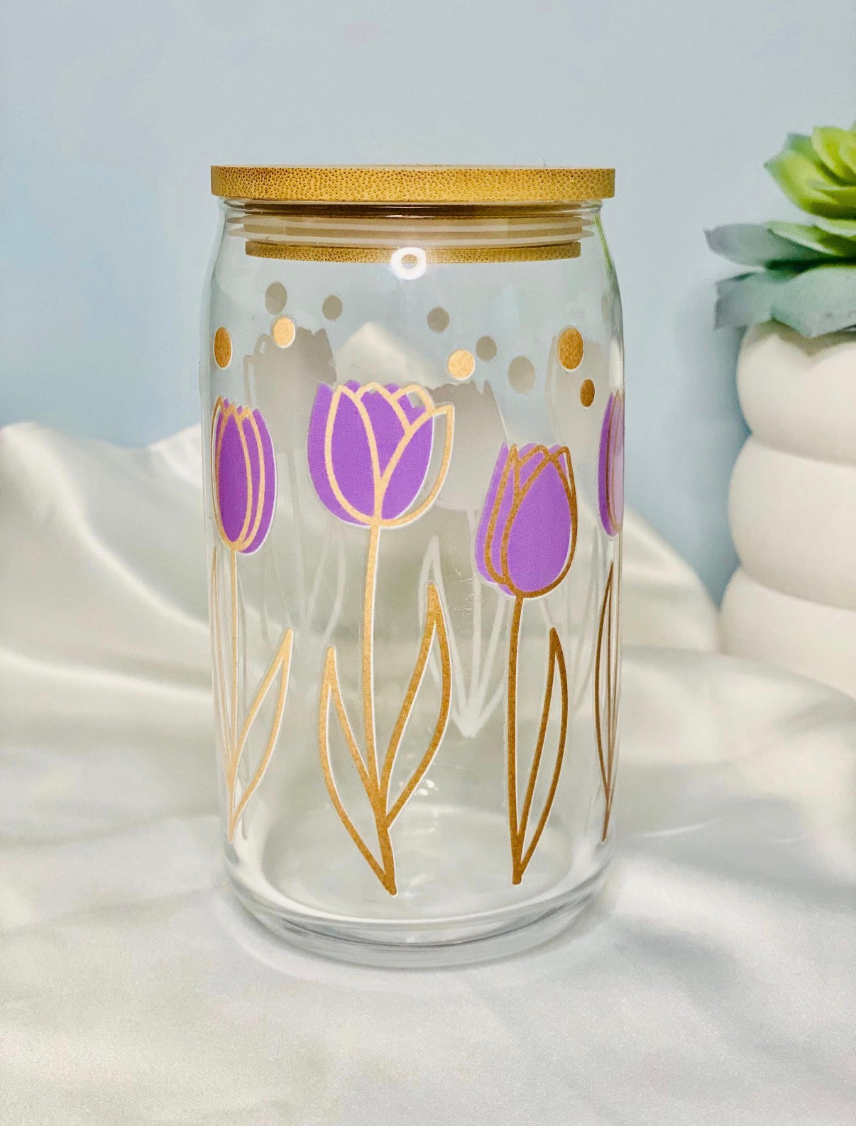 Purple Tulips 16oz Glass Cup with Lid & Straw