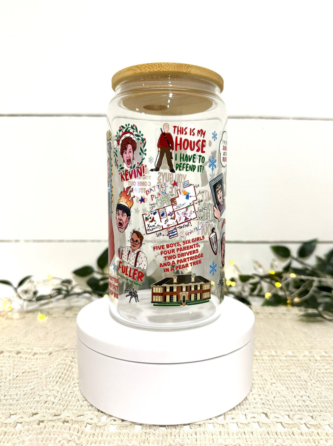 Home Alone 16oz Glass Cup with Lid