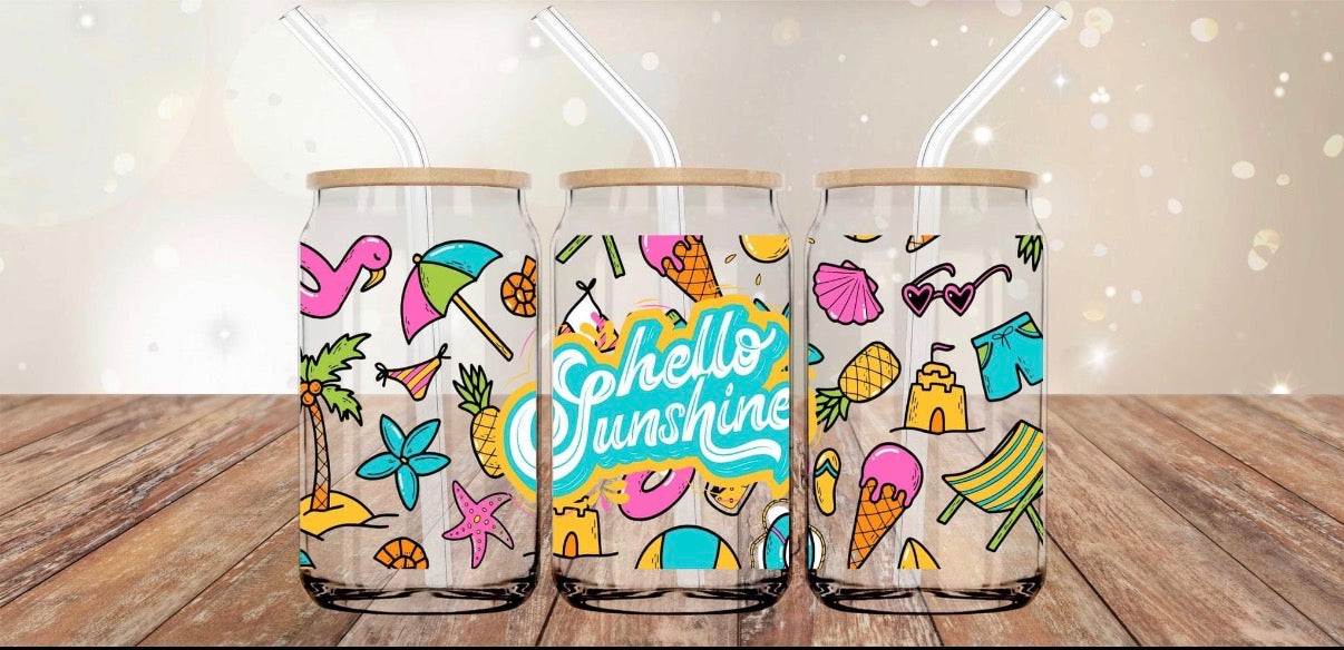 Hello Sunshine 16oz Glass Cup with Lid & Straw