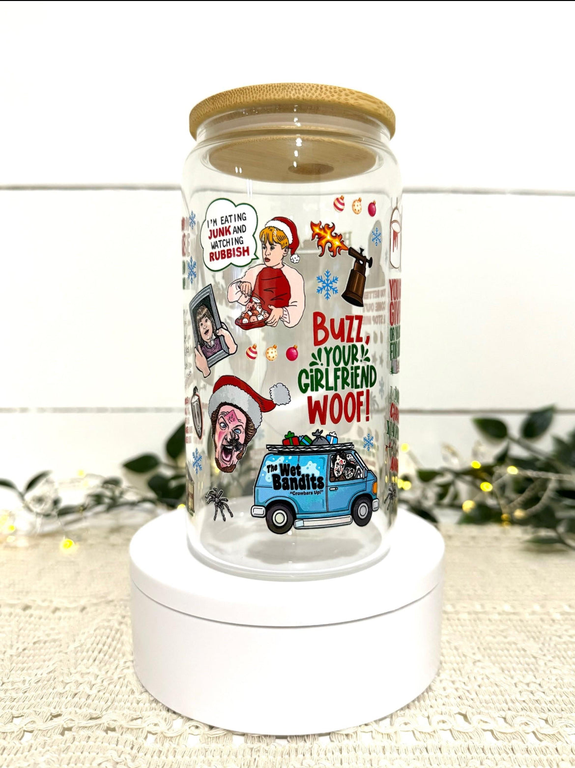 Home Alone 16oz Glass Cup with Lid