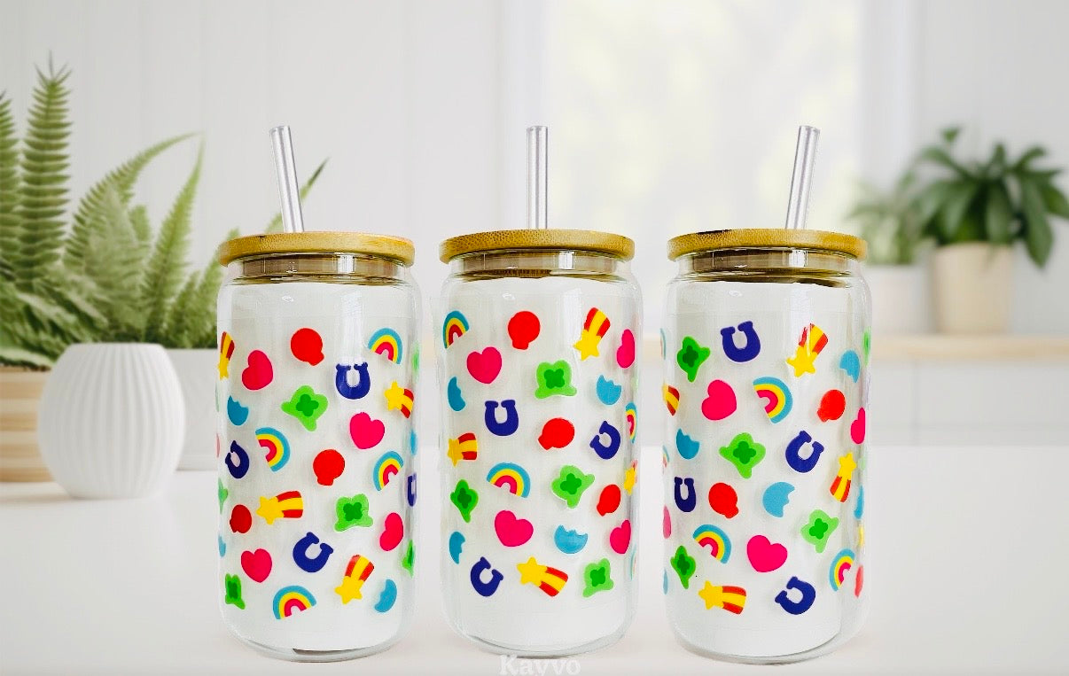 Lucky Charms 16oz Glass Cup with Lid & Straw