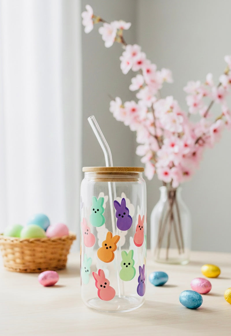 Easter Peeps 16oz Glass Cup with Lid & Straw