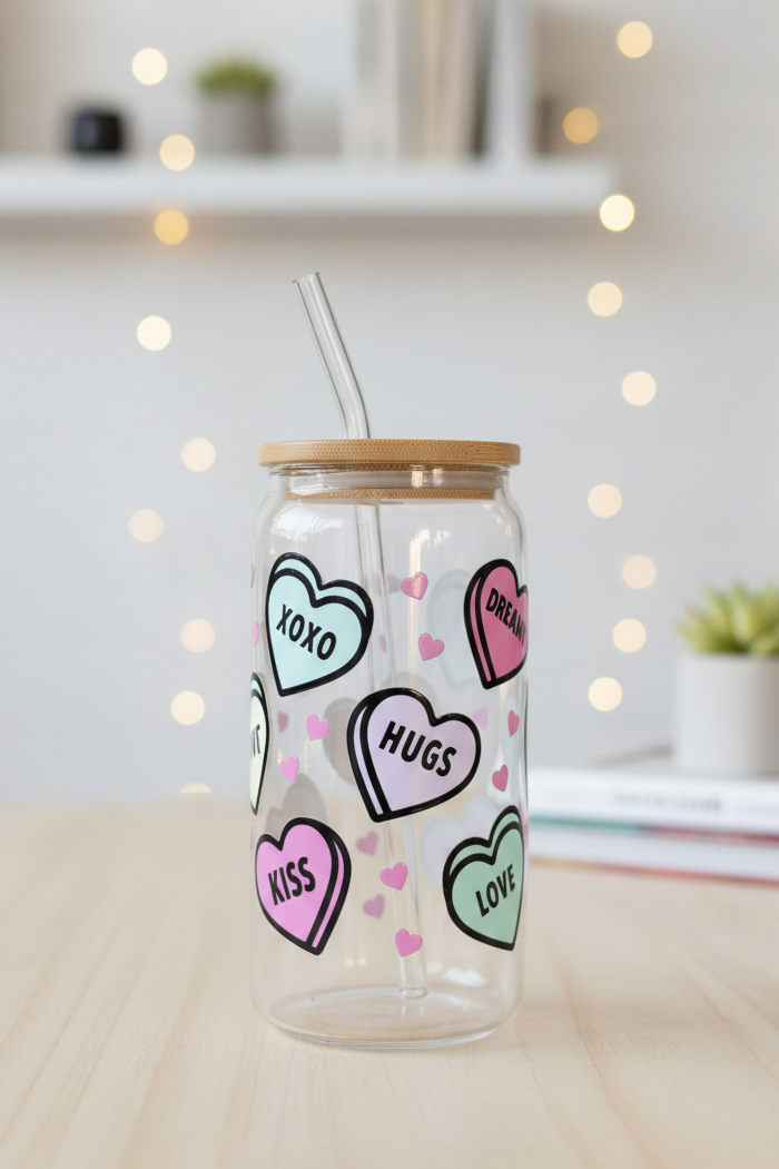 Conversation Hearts 16oz Glass Cup with Lid & Straw