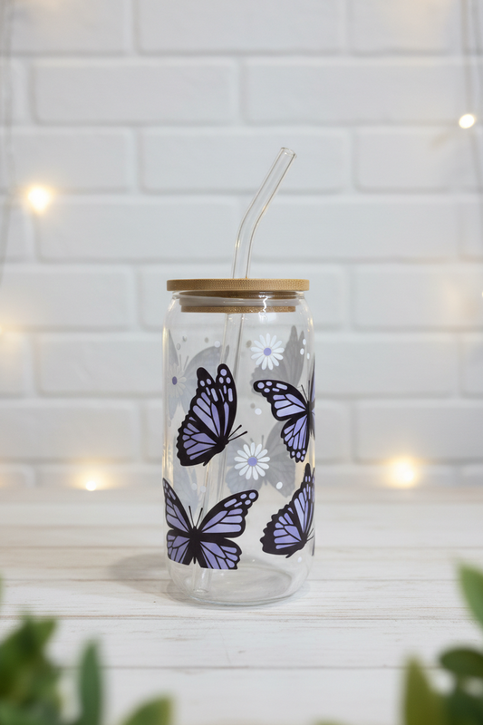 Purple Butterflies and Daisies 16oz Glass Cup with Lid & Straw