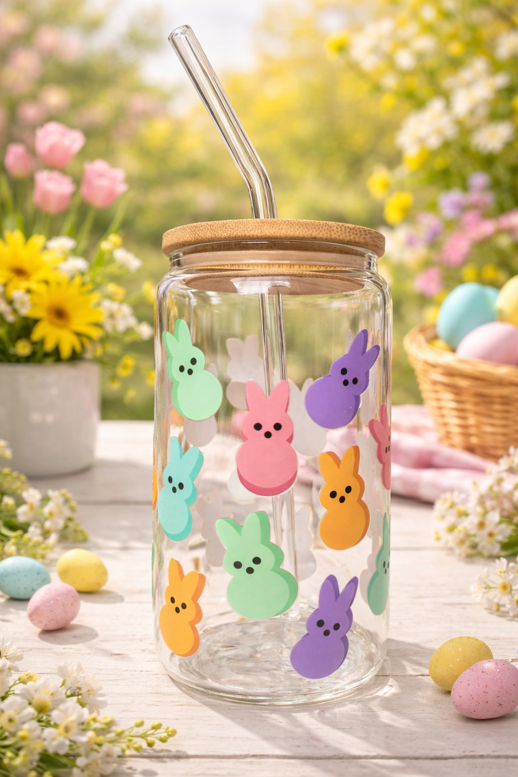 Easter Peeps 16oz Glass Cup with Lid & Straw