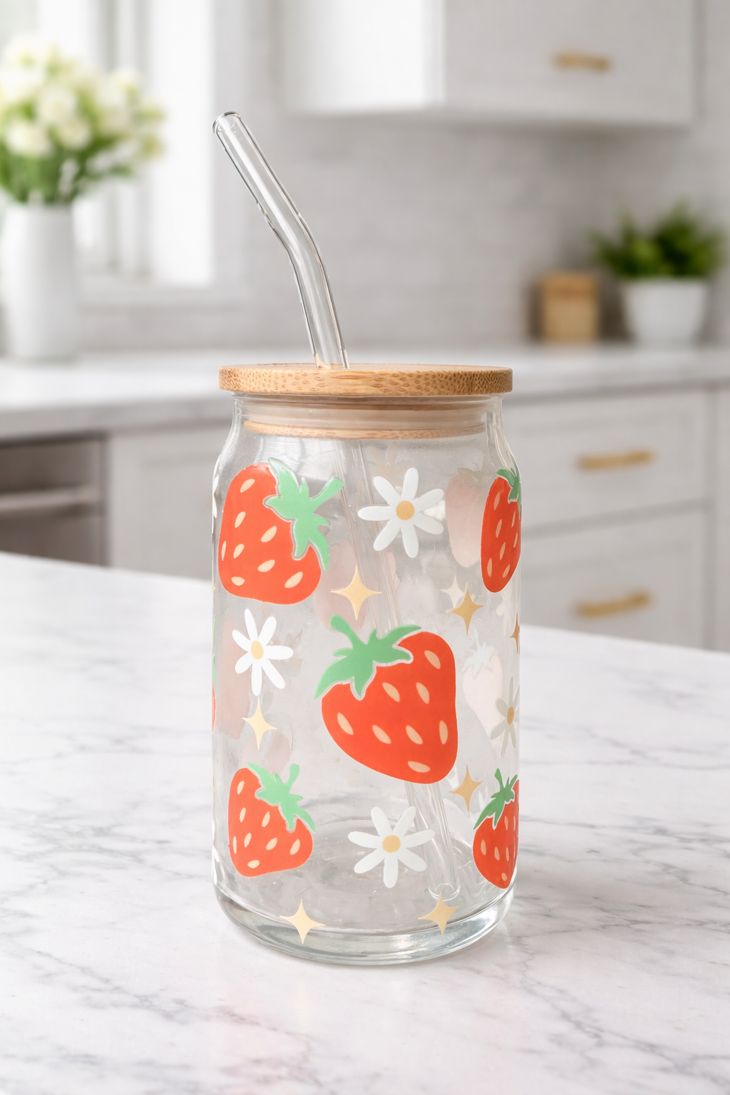 Strawberries and Daisies 16oz Glass Cup with Lid & Straw